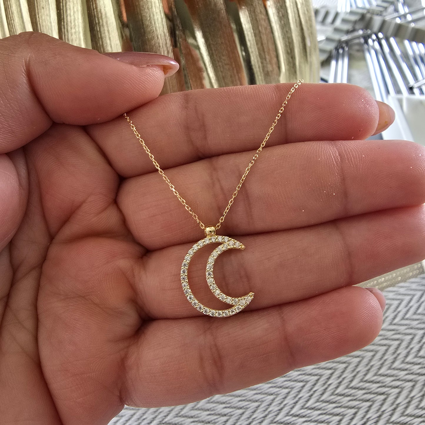 Set de cadena de luna con zircones blanco de 45 cm extensible en Oro18kilates italiano amarillo 2.4 gramos