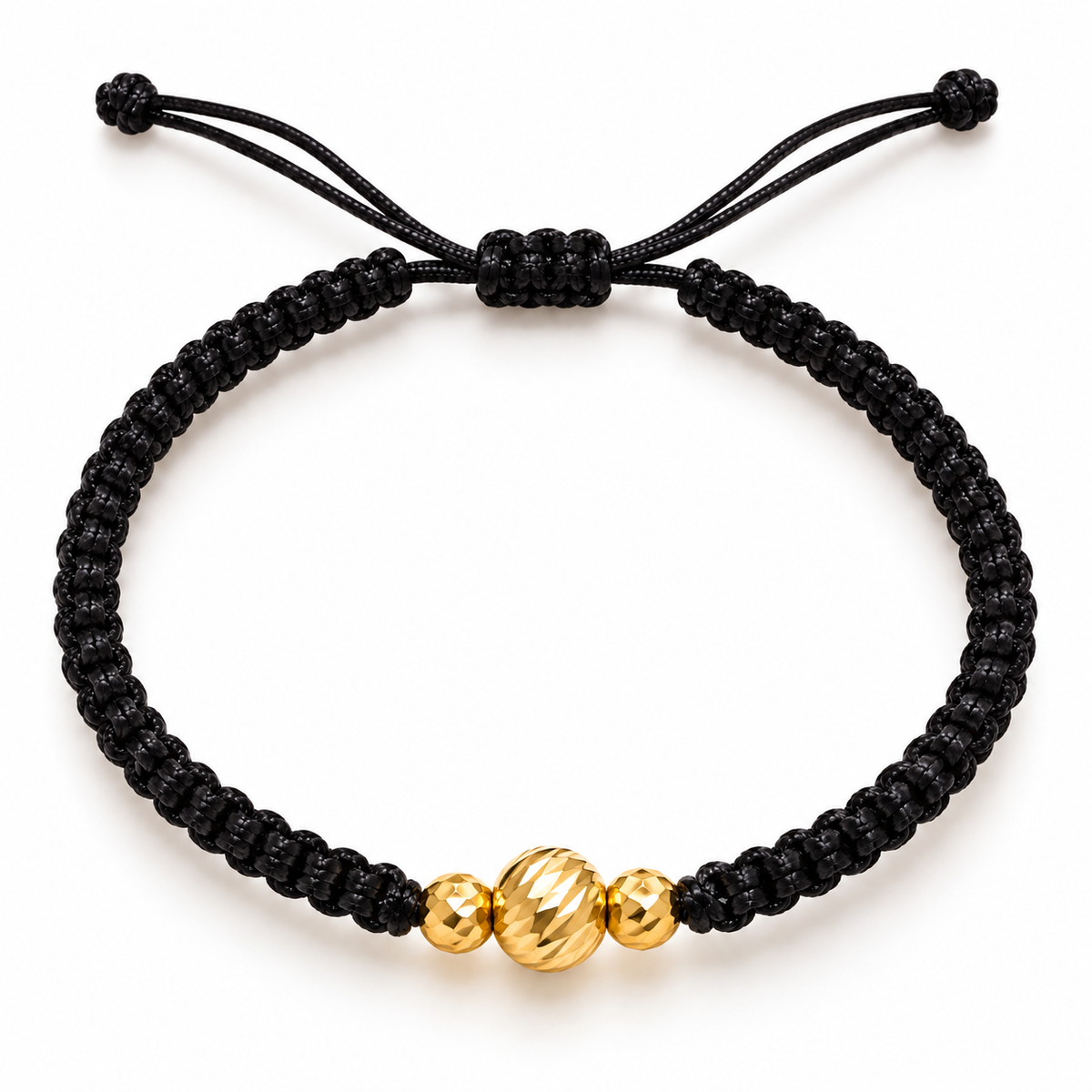 Black woven bracelet with gold beads – solid 18k gold