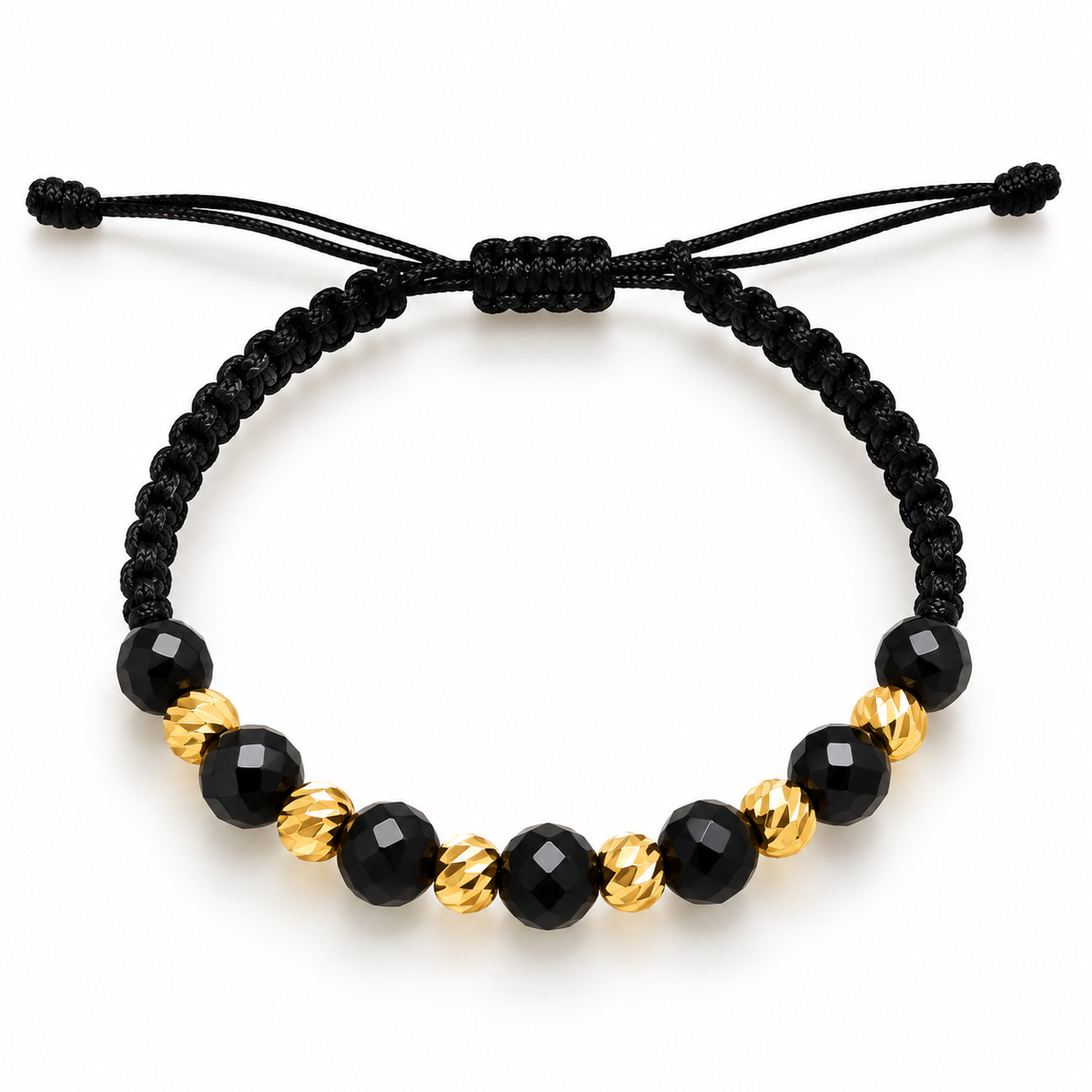 Black woven bracelet with gold beads – solid 18k gold