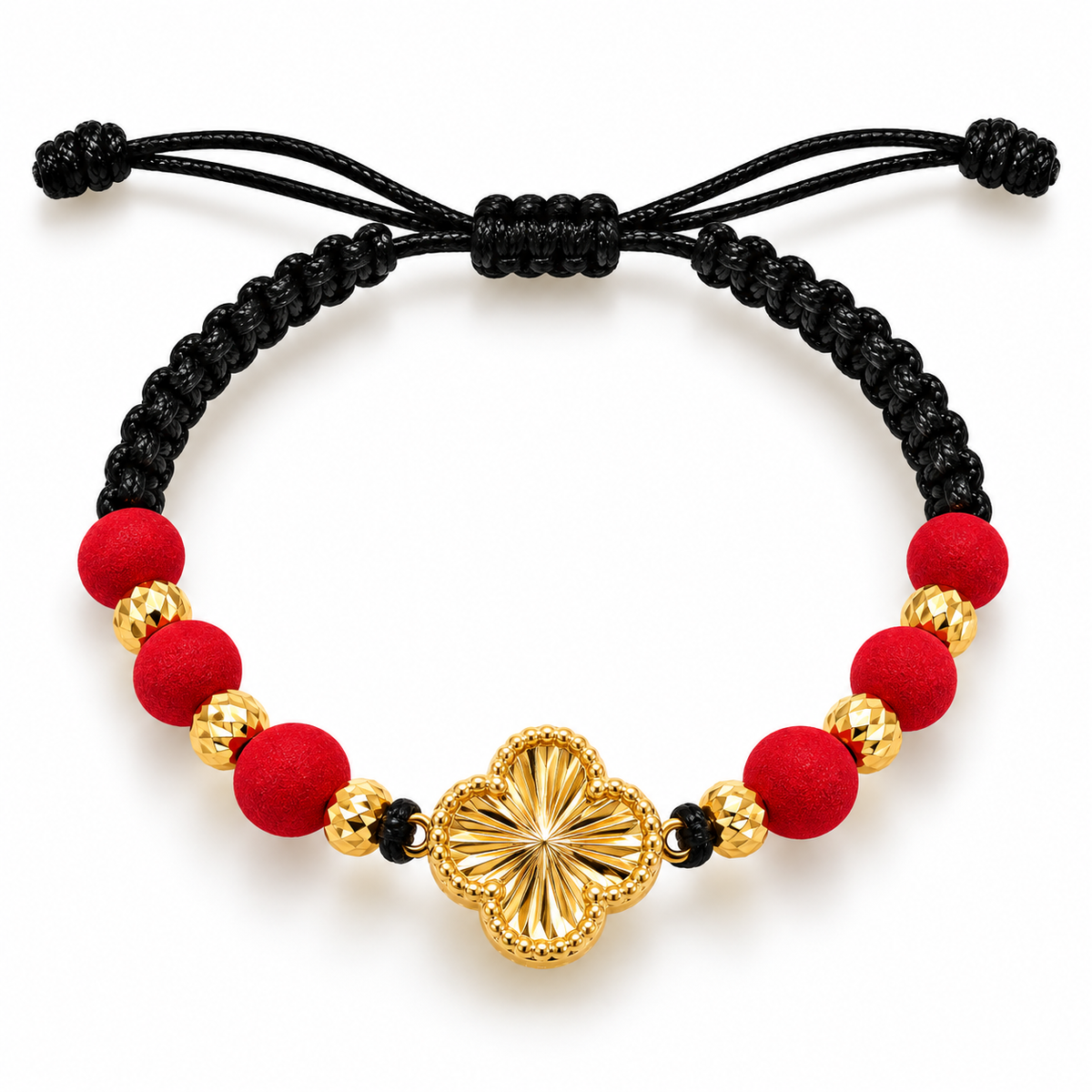 Red woven bracelet with gold beads – solid 18k gold