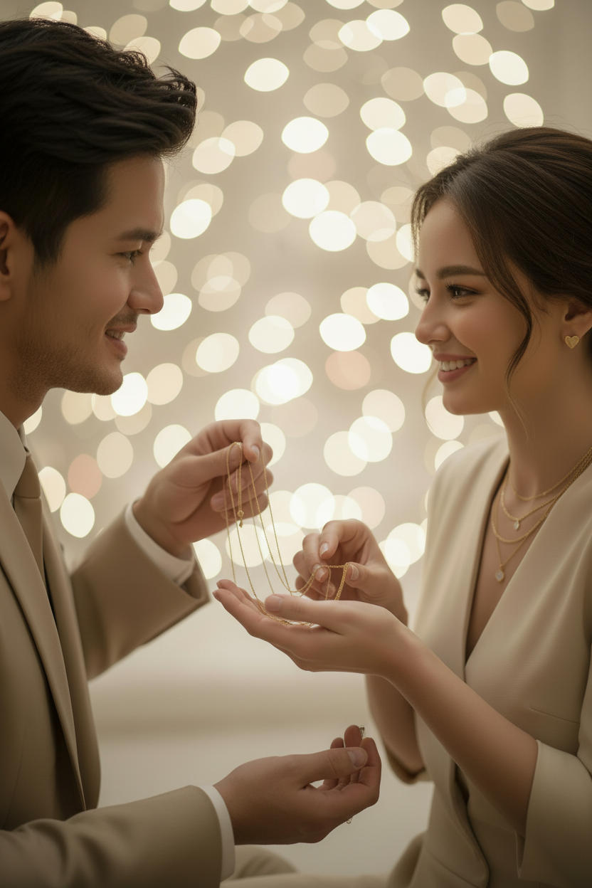 Banner con fondo pastel y joyas de oro 18k