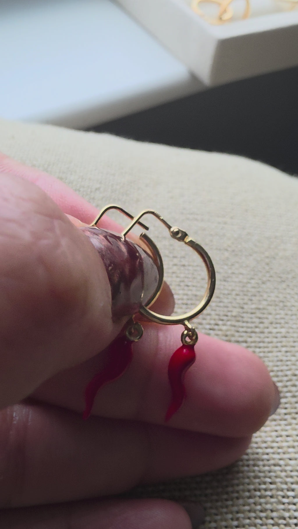 Red enamel horn hoop earrings – solid 18k gold