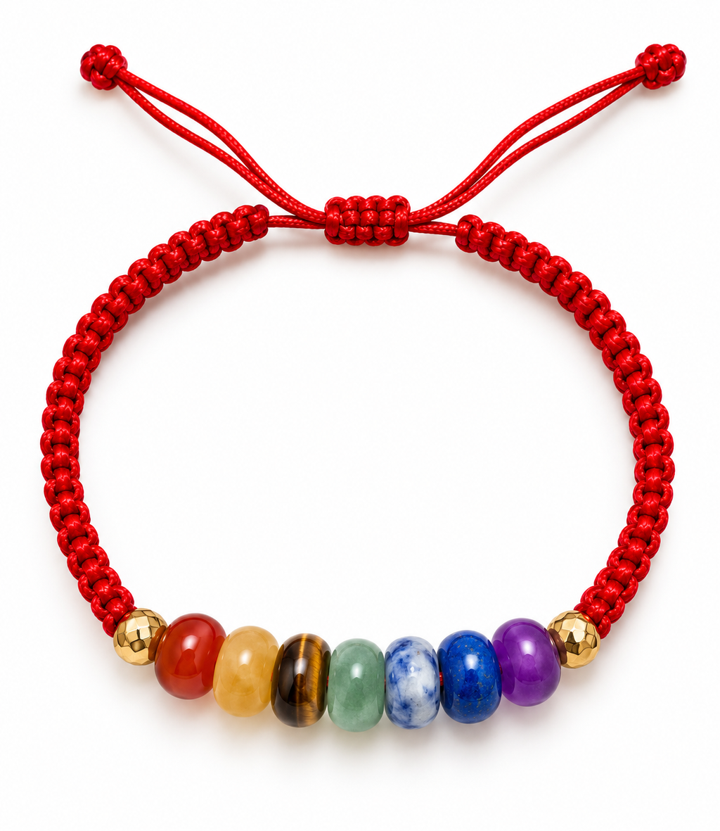 Red woven bracelet with gold beads and natural stone – solid 18k gold