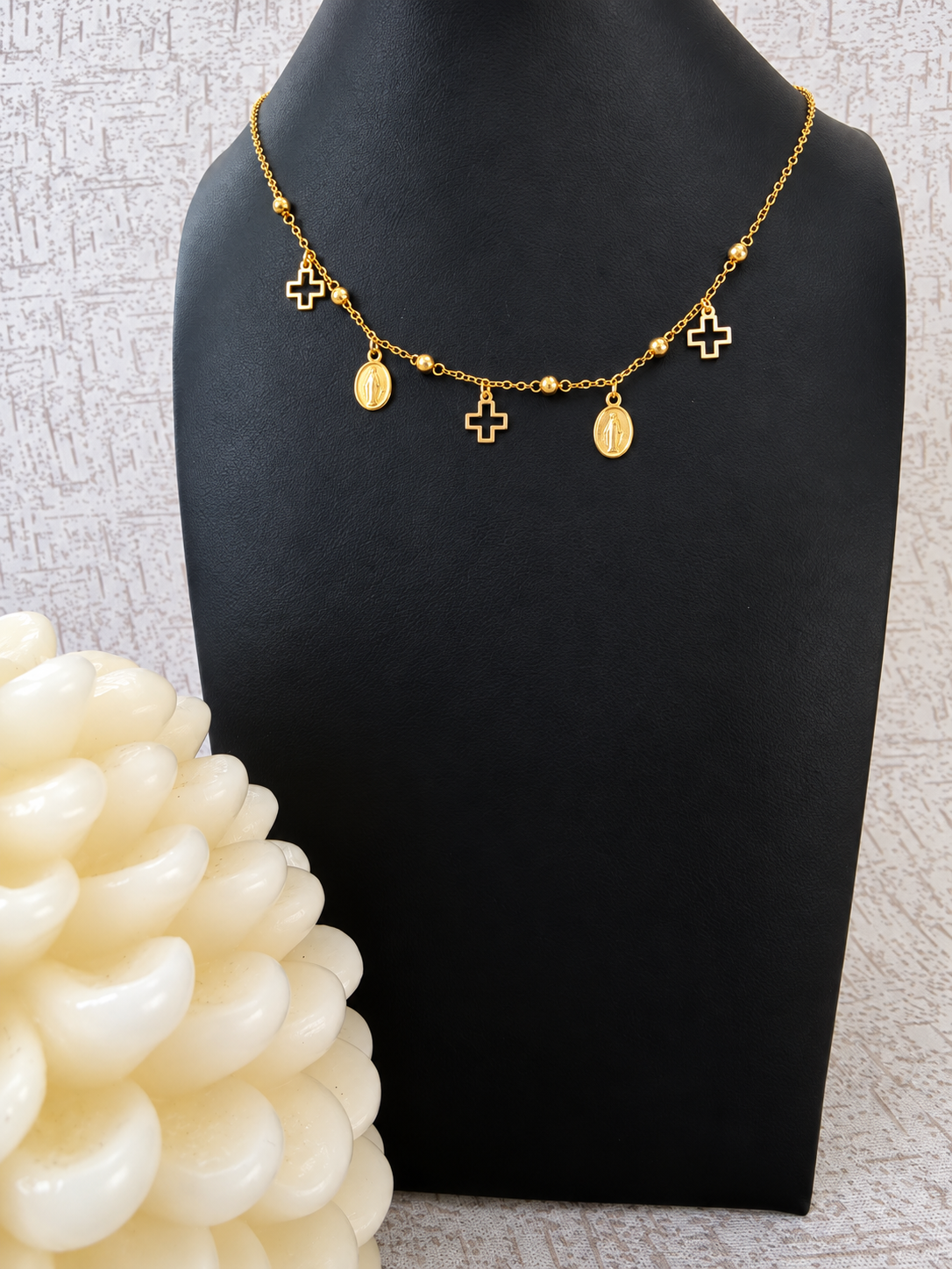 Miraculous Virgin rosary necklace with cross – solid 18k gold