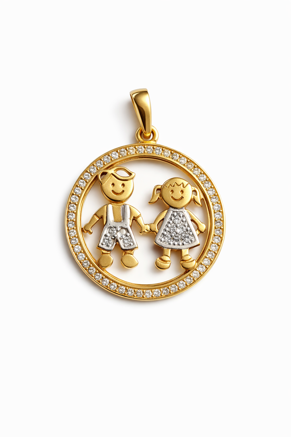 Colgante de pareja para niños en oro italiano amarillo y blanco de 18 quilates con circonitas blancas