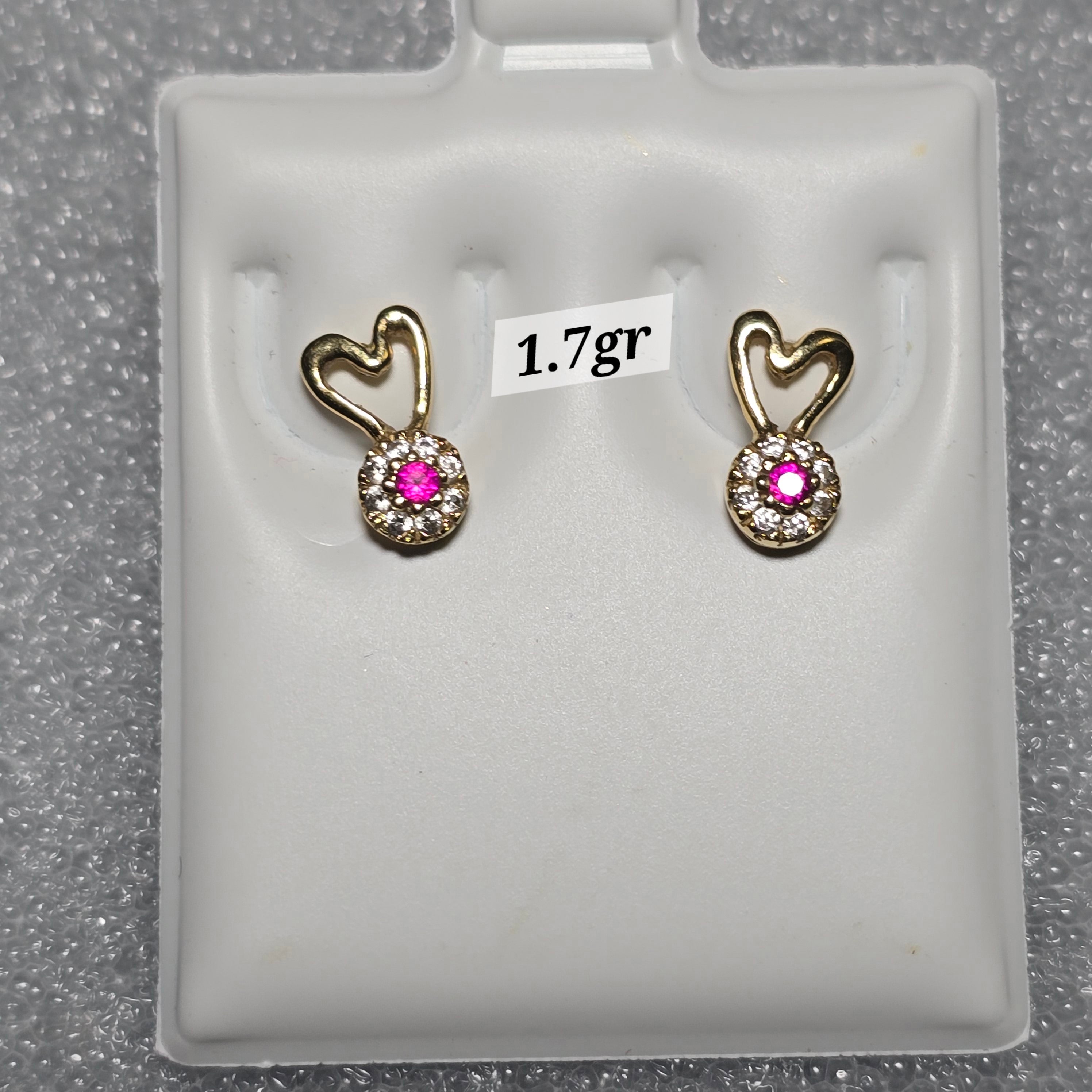 Heart-shaped earrings with colored zircons and butterfly backs in 18-karat gold, 1.8 grams