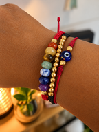 Red woven bracelet with gold beads and natural stone – solid 18k gold
