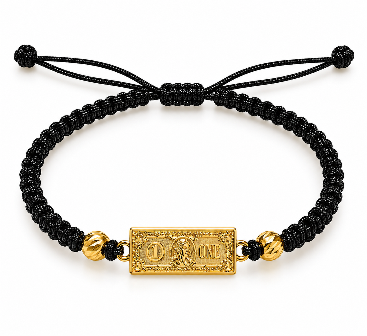 Black woven bracelet with gold beads – solid 18k gold