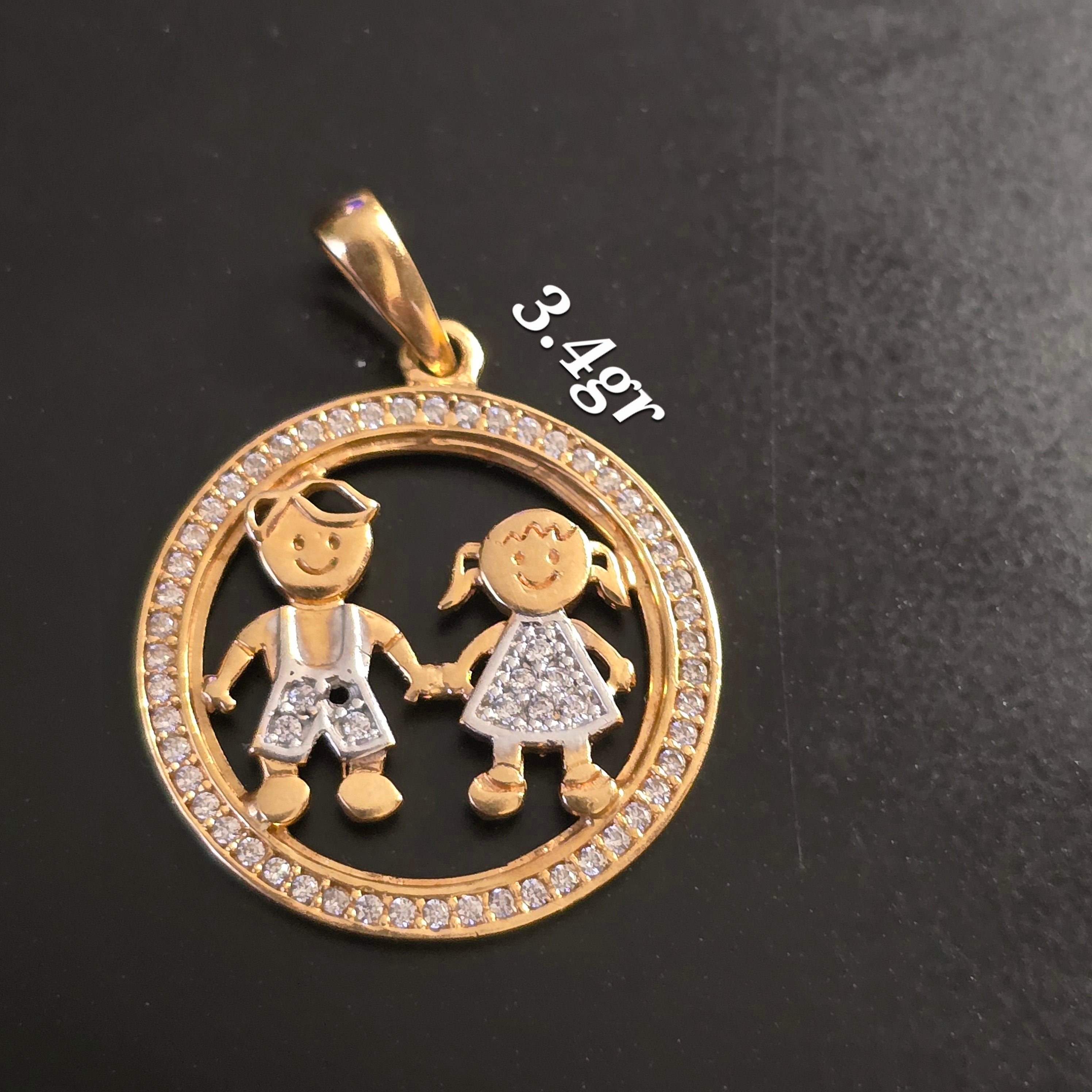Children's couple pendant in 18karat Italian yellow and white gold with white zircons, 3-4 grams