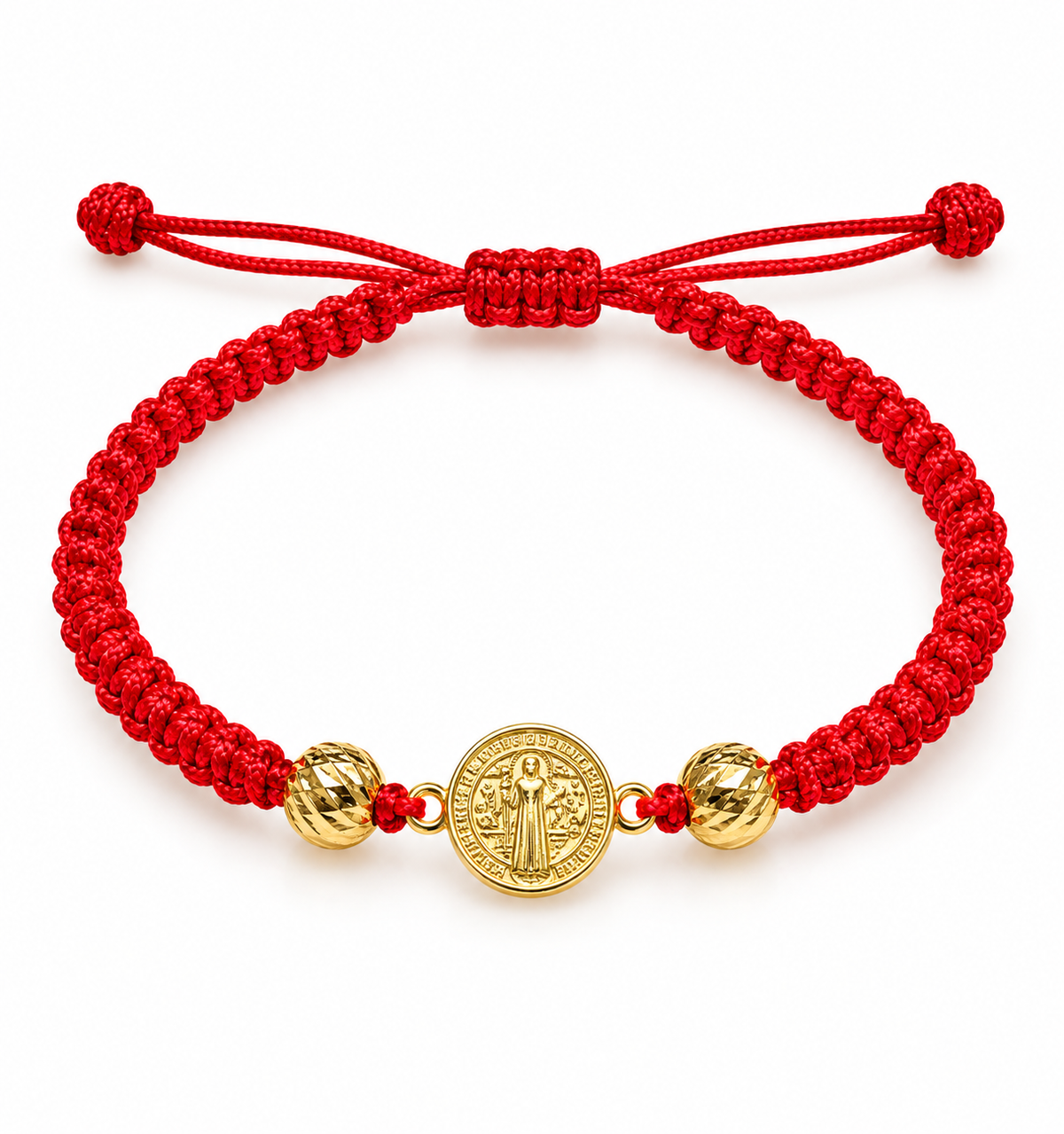 Red woven bracelet with gold beads – solid 18k gold
