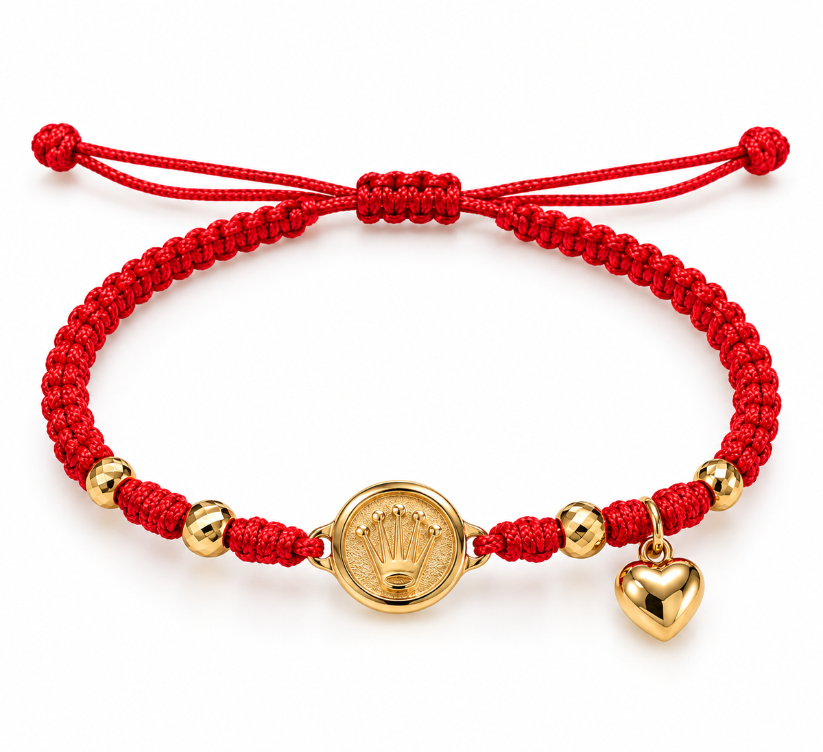 Red woven bracelet with gold beads and heart – solid 18k gold