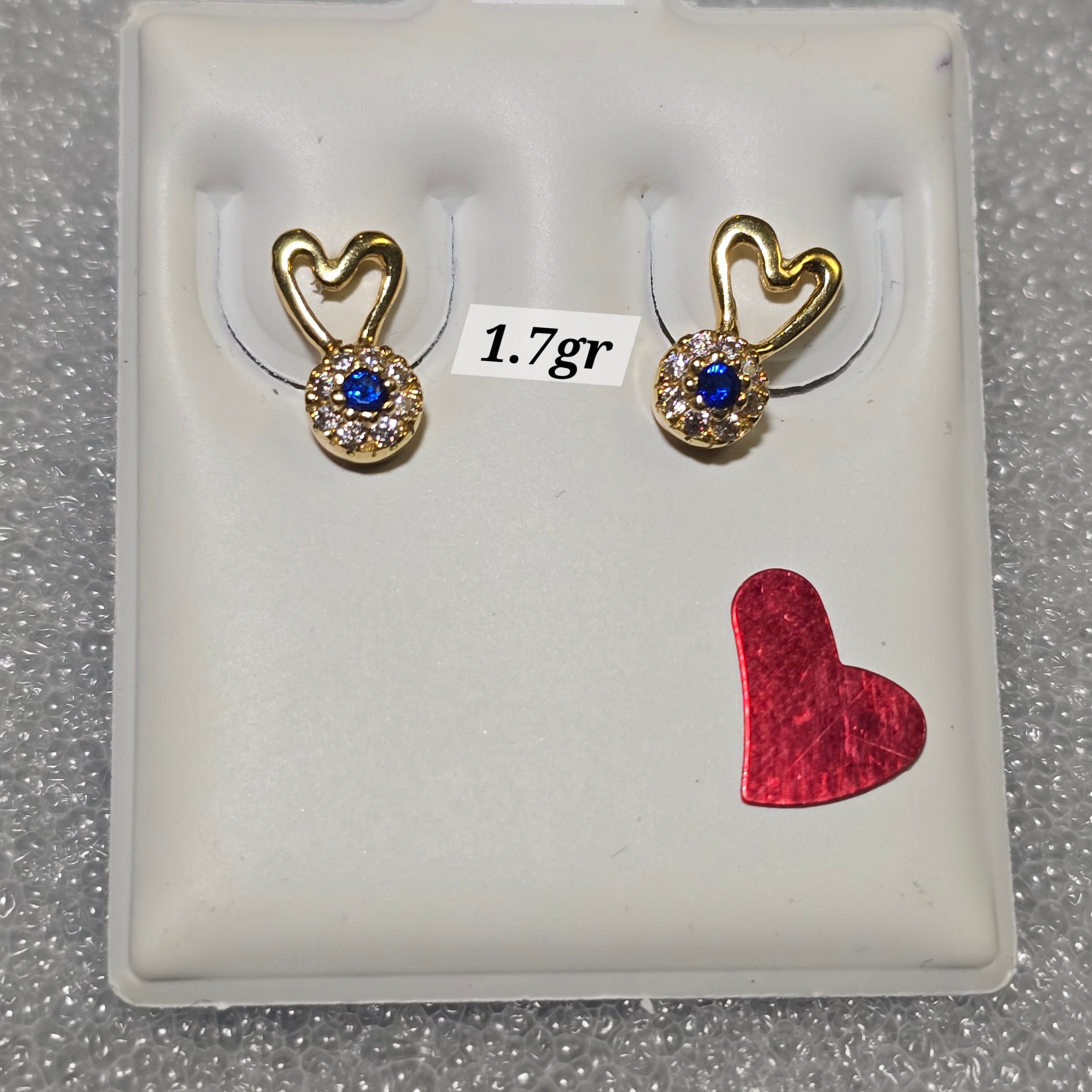 Heart-shaped earrings with colored zircons and butterfly backs in 18-karat gold, 1.8 grams