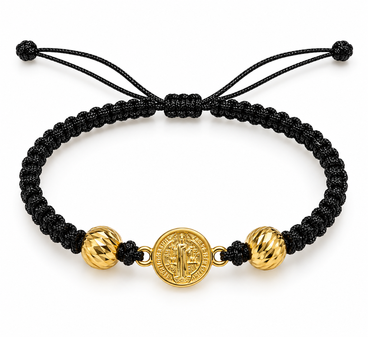 Black woven bracelet with gold beads – solid 18k gold