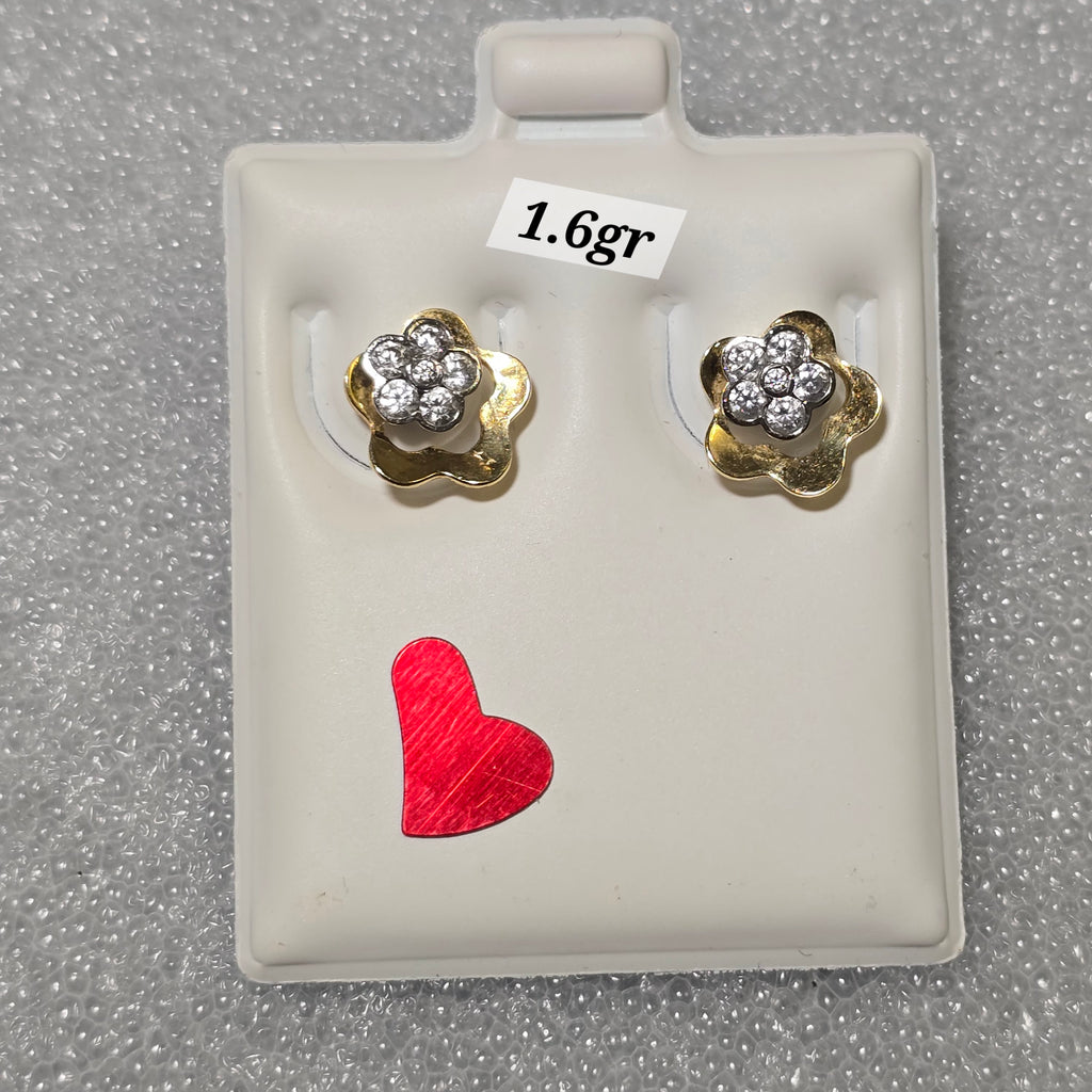 Double flower earrings with white zircons in 18karat Italian gold, butterfly cap, 1.6 grams