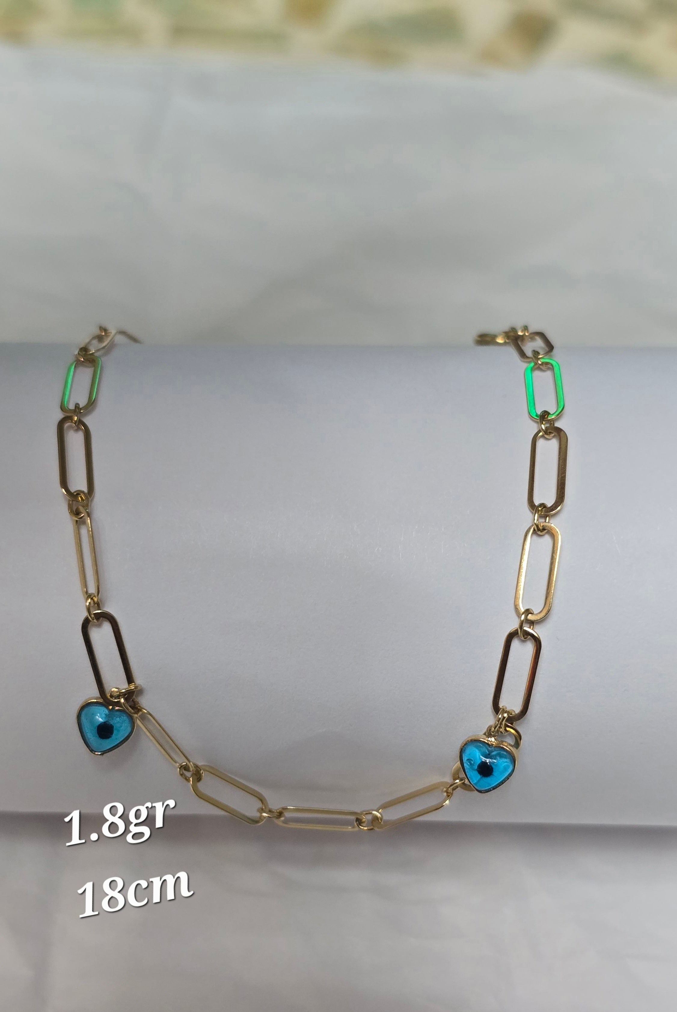 Woven clip bracelet with heart and evil eye charm, 18 cm, 1.8 grams