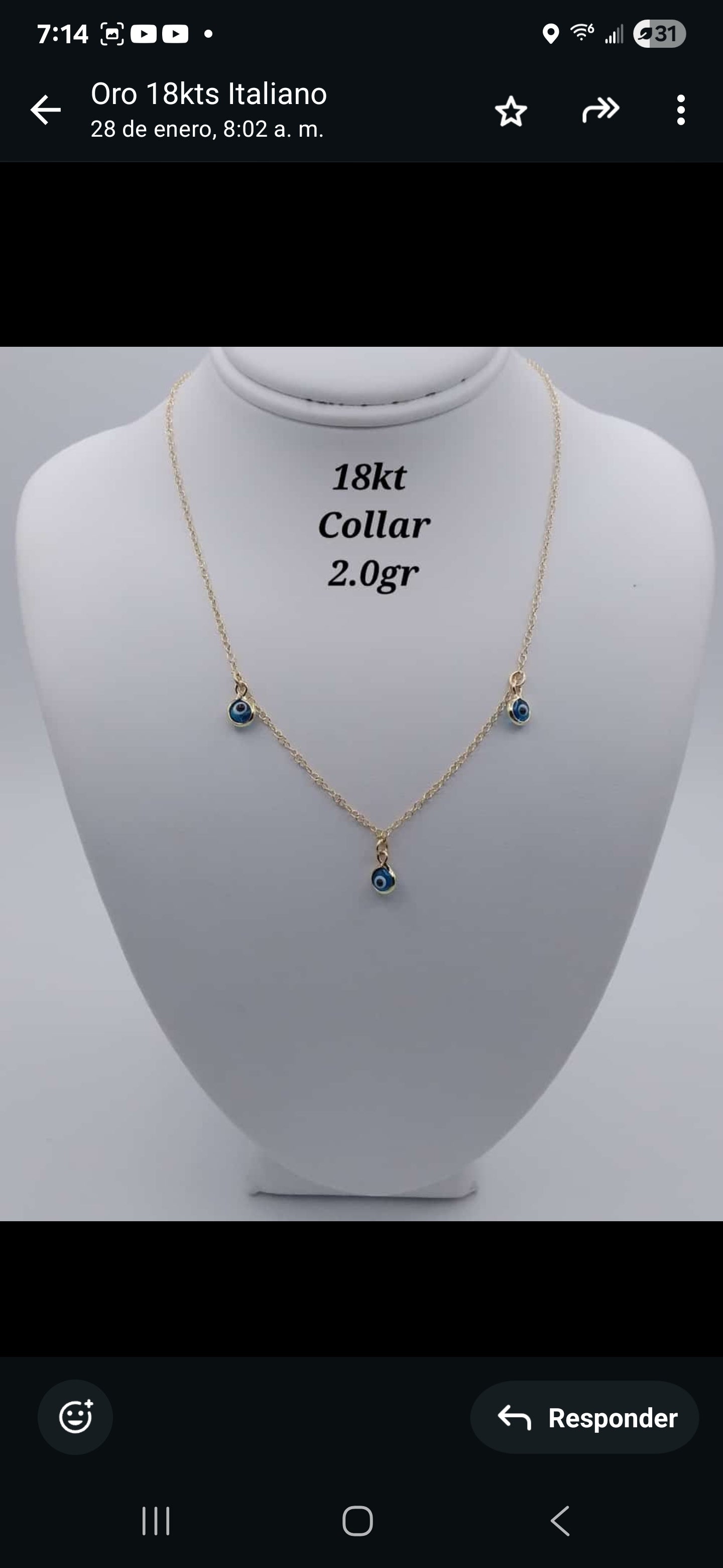 45cm chain with blue Turkish eye pendants in 18karat Italian gold, 2 grams