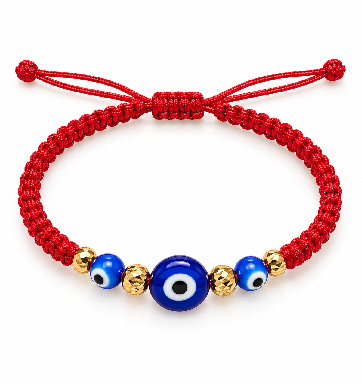 Red woven bracelet with gold beads and turkey eye – solid 18k gold